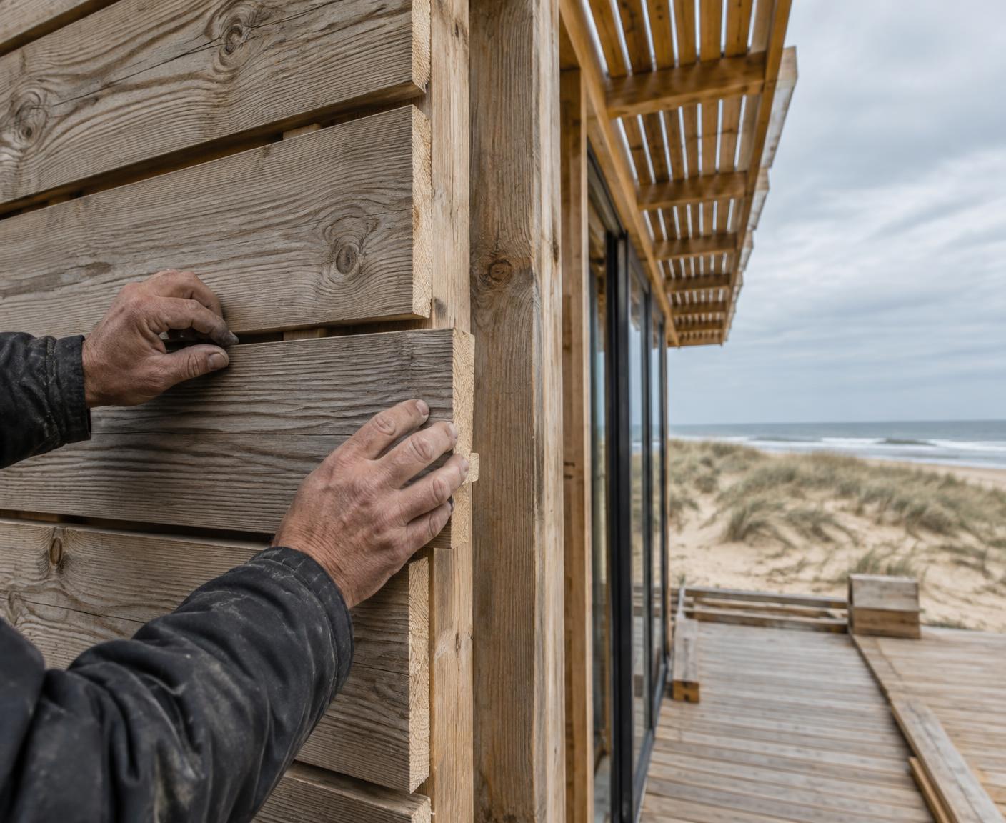 Timmerwerk aan een houten paviljoen bij het strand