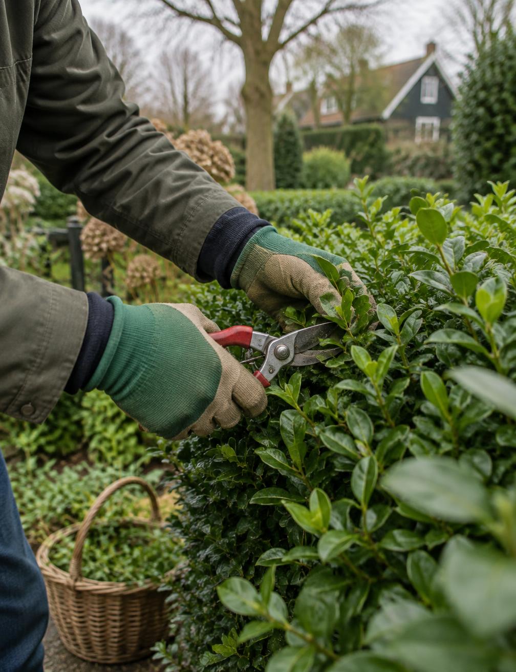 Handmatig snoeiwerk aan een groene haag