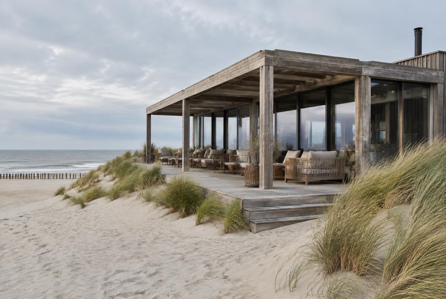 Houten strandpaviljoen aan de Nederlandse kust
