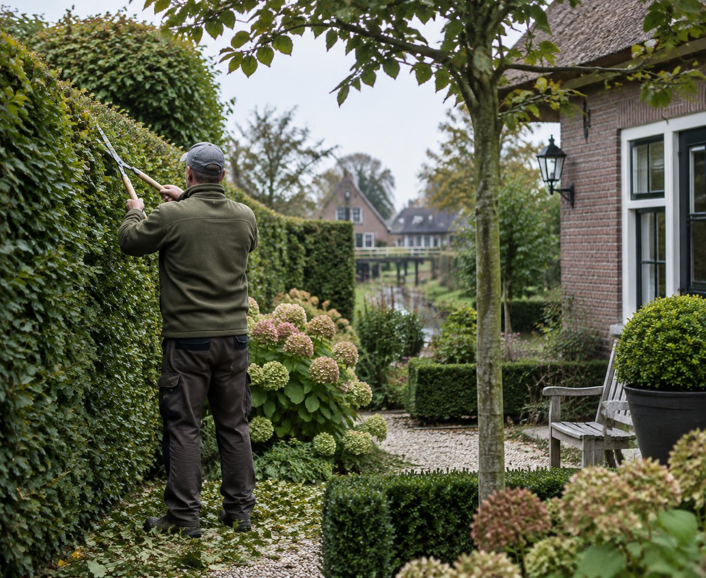 Hovenier snoeit een haag in een verzorgde tuin